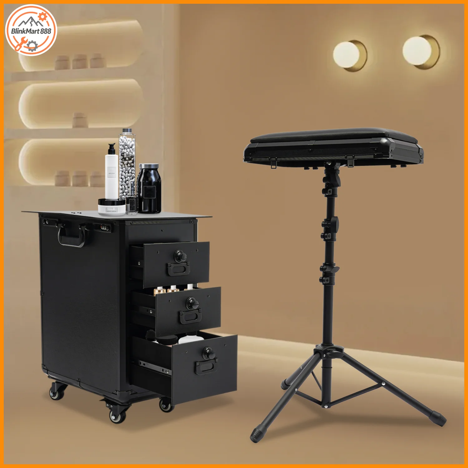

Professional Rolling Tattoo Tool Case and Stand| Lockable Trolley for Hairstylists, 44 lbs Capacity,3 Drawers & Tripod Stand