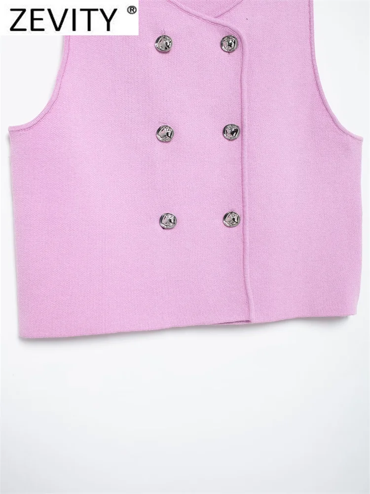 Zevity Women Fashion O Neck Sleeveless Pink Midriff-baring Knitting Sweater Femme Chic Double Breasted Cardigan Coat Tops CT6249