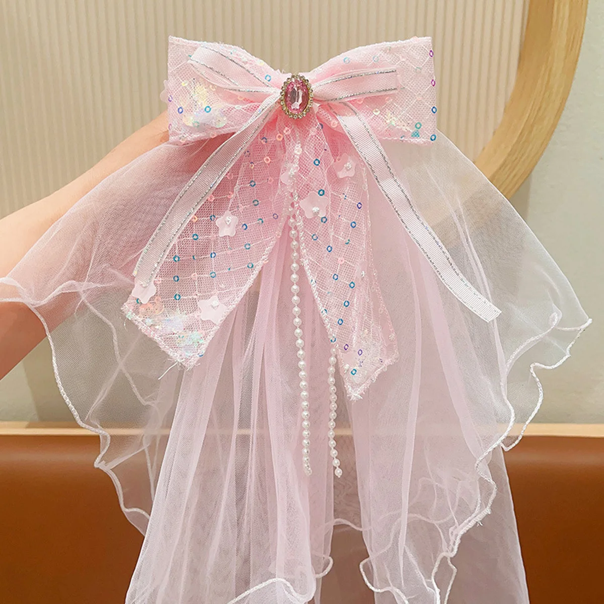 1pcs Children\'s Bow Net Gauze Princess Sweet Rhinrhinese Pearl Fringe Float Yarn Hairpin Girls Hair Accessories