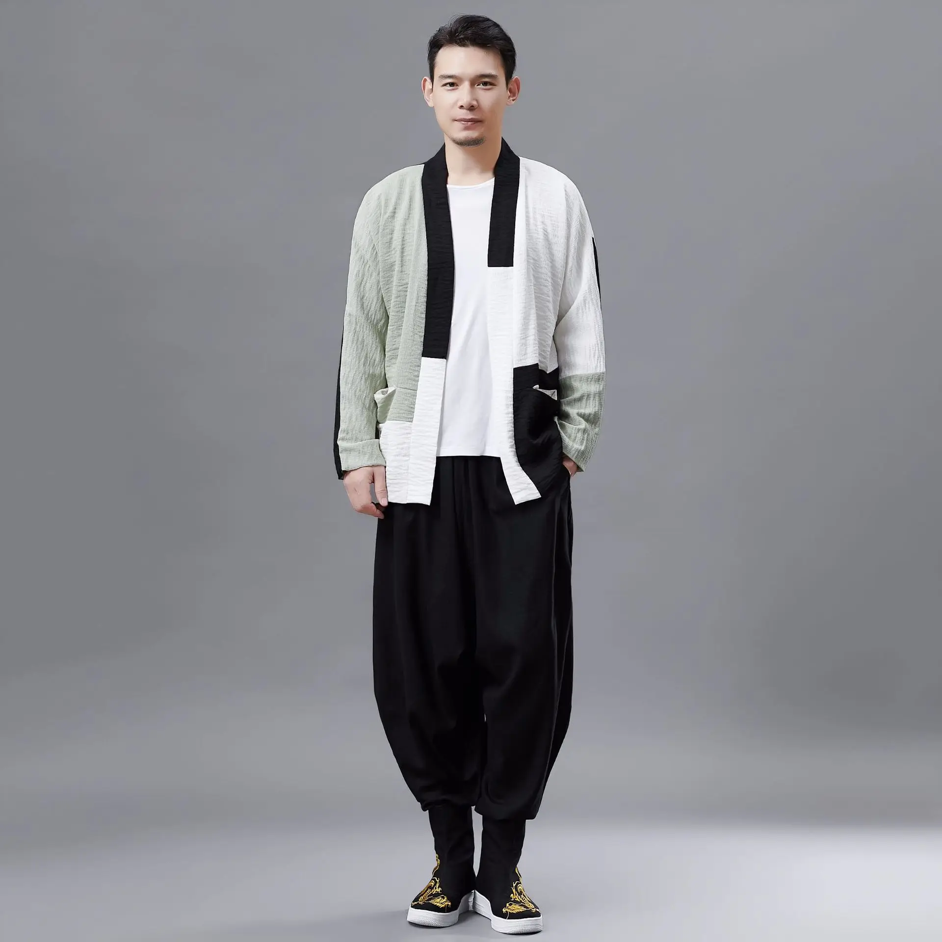 

Spring and Autumn Color Matching Wrinkle Cardigan Retro Chinese Style Long Sleeve Shirt Casual Stand Collar Thick Men's Shirt