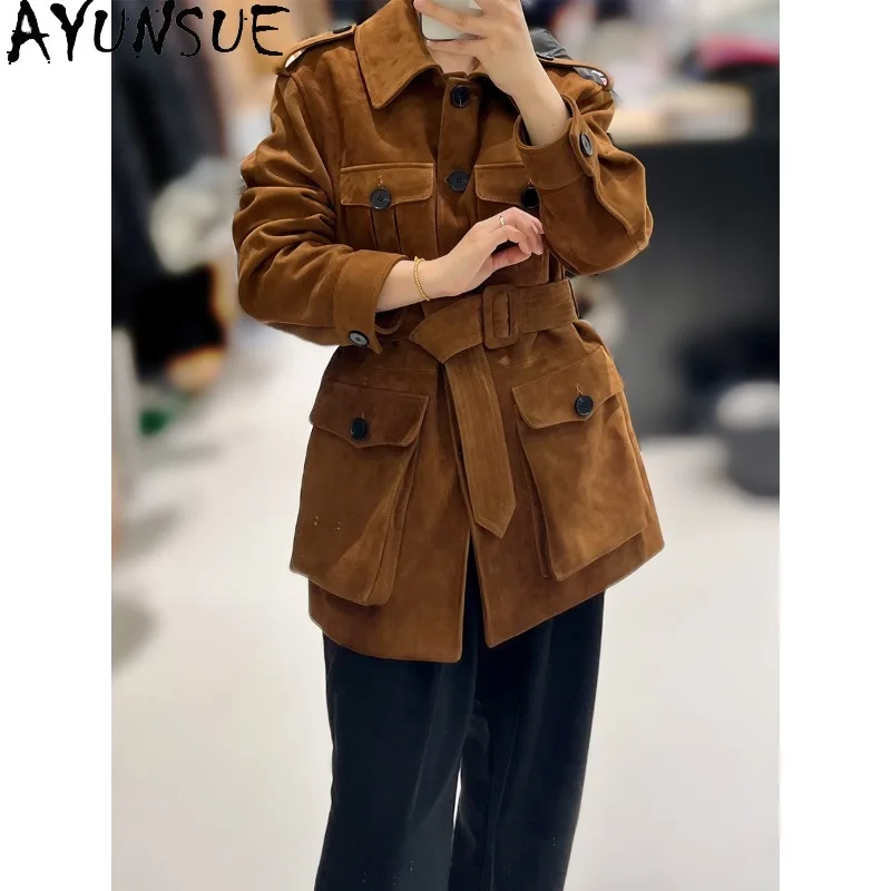 AYUNSUE Women's Mixed Goat Leather Coats Retro Fashion Suede Trench Coat Mid-length Real Leather Jacket Woman Clothes Ropa Mujer