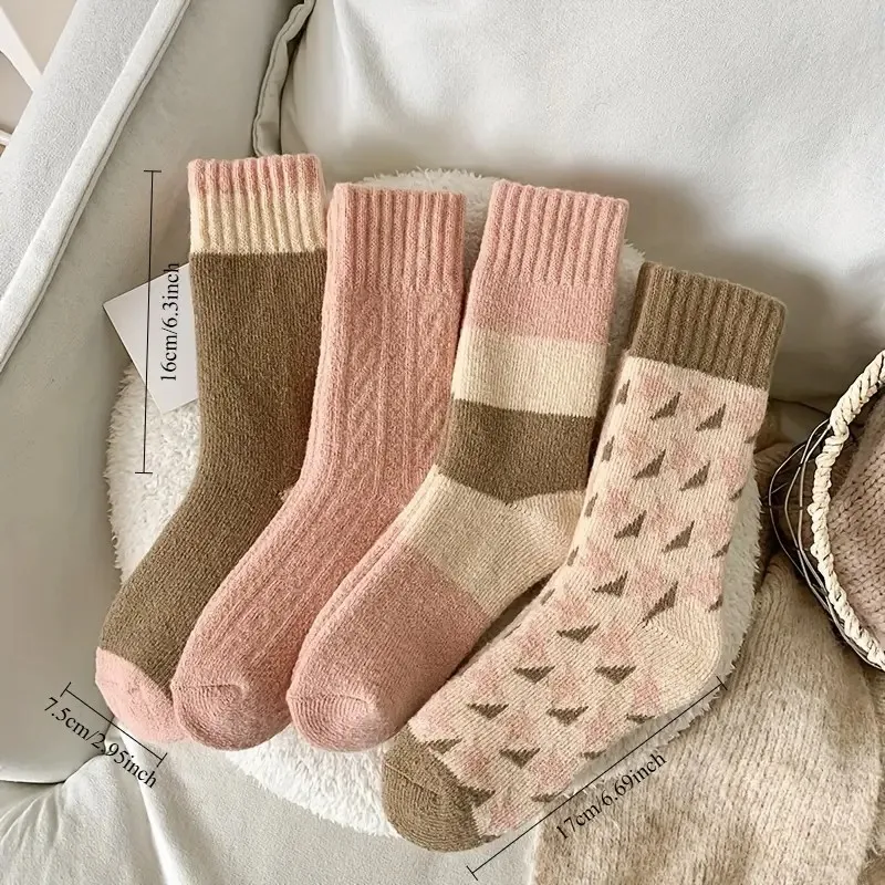4 Paar Damen-Wintersocken mit dickem Mittelrohr, modische Streifen, warm, Plüsch, weich, bequem, für Zuhause, Outdoor, Freizeit – Detail 9