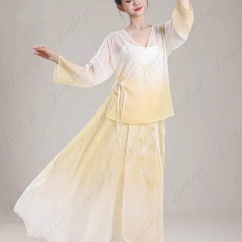 New Classical Dance Clothes New Chinese Printing Gradual Change Gauze Clothes Elegant Big Swing Skirt