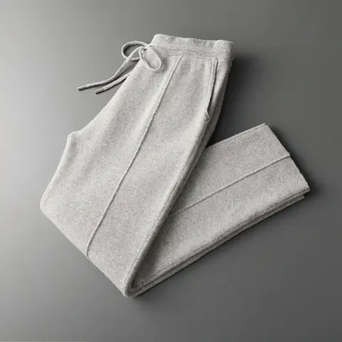 Men Wool Pants Autumn Winter 100%Merino Wool Thick Warm Smart Casual Trousers Knitwear Elasticity Waist Basic Sport Pants ﻿