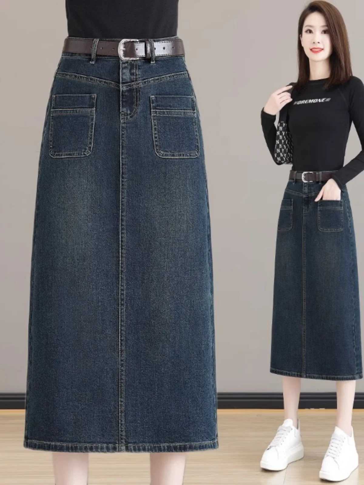

Юбка трапециевидной формы с высокой талией, женская джинсовая юбка, весна-осень, новая висячая длинная юбка с открытым разрезом в Корейском стиле