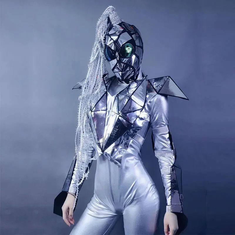 

Silver Mirror Costume for Women Stage Jumpsuit Set Soldier Gogo Dance Team Party Rve Costume Mask New Future Technology