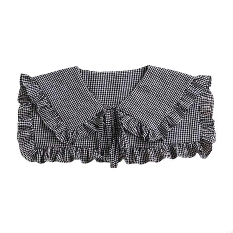 N5KB Frauen Mädchen Vintage Falsche Gefälschte Kragen Plaid Schachbrett Revers Rüschen Abnehmbare Halskette Schal Wrap