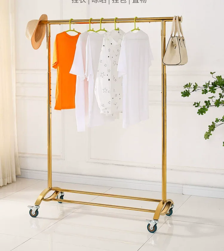 Clothing store display rack, stainless steel lifting rack, island rack with wheels, movable special rose gold hanger