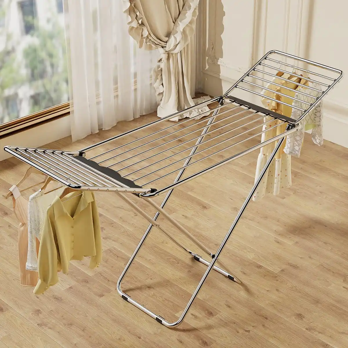 Double Wing Folding Stainless Steel Clothes Drying Rack, Floor Laundry Airer, Foldable Drying Rack for Clothes Quilt Towel