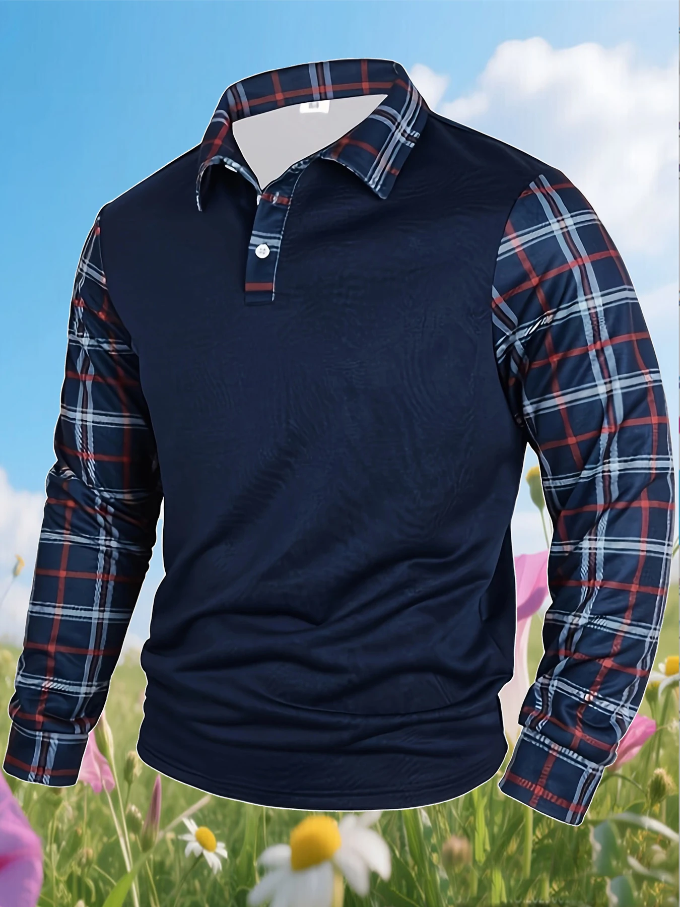 Men's Casual Color Blocked Shirt Long Sleeved Polo Shirt Lapel Pullover Checkered T-Shirt Simple Retro Men's Clothing