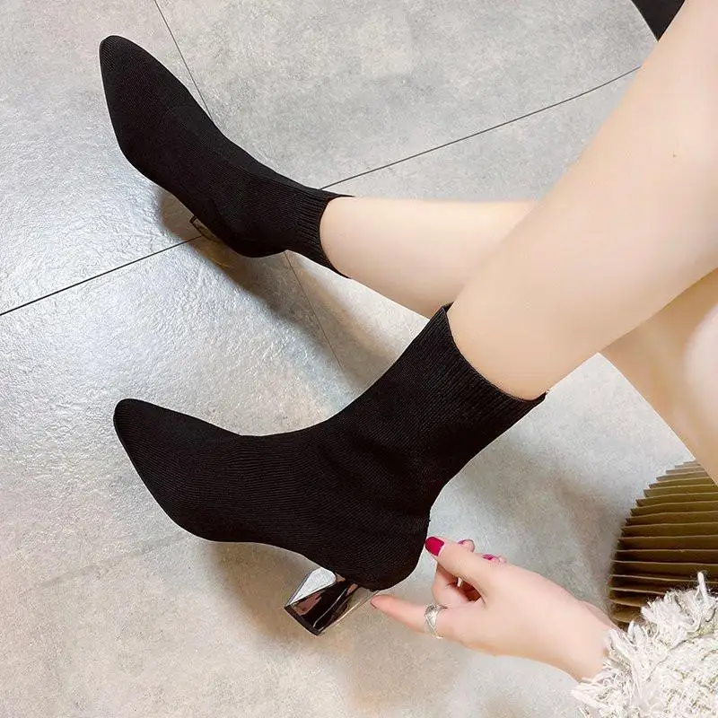 White Ankle Boots Women Shoes Autumn Boots-Women Luxury Designer Low Stockings Pointy High Heel 2024 Ladies Fashion Pointed Toe