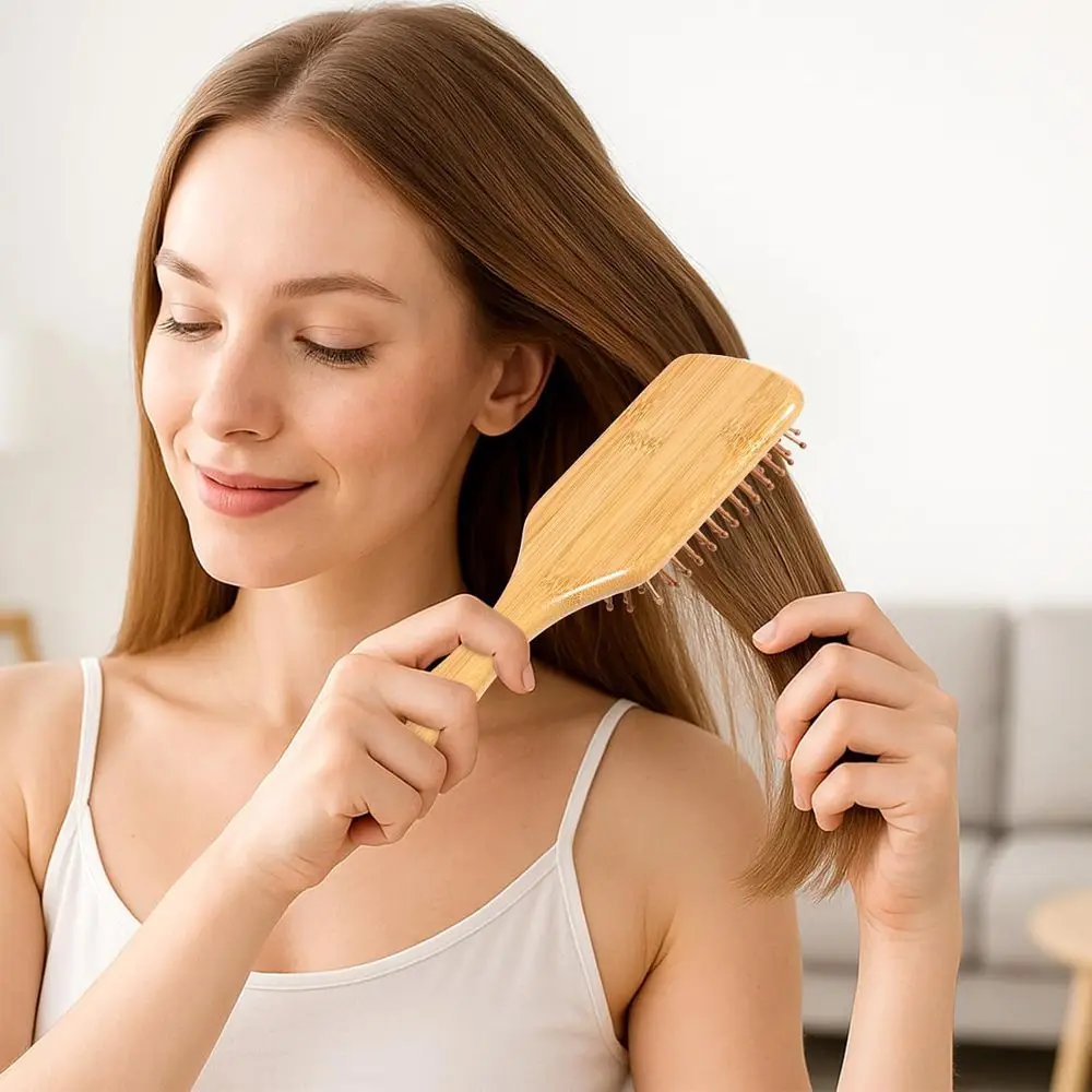 Bamboo Air Cushion Massage Comb Natural Wooden Anti-Static Comb & Scalp Massager, Air Cushion Design for Detangling (Women/Men)