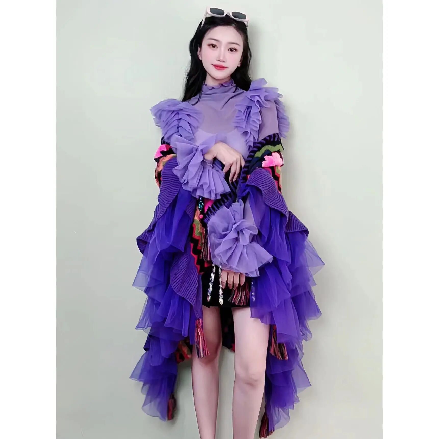 Purple Coat With Lotus Sleeves Fashion High-end Designer Trend Embroidery Scarf Shawl Cape Overlay In Autumn Daily Wear Top