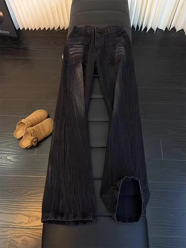 

Мужские джинсы с рисунком молнии Bla, прямые брюки с широкими штанинами, расклешенные брюки, весна-осень, американская уличная атмосфера