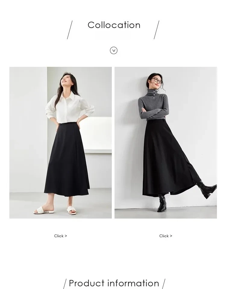 VIMLY Black Wide-Leg Pants 2026 Autumn Flowy Ankle-Length Side Zipper Detail Trousers Office Lady Commuter Fashion Bottoms A1738