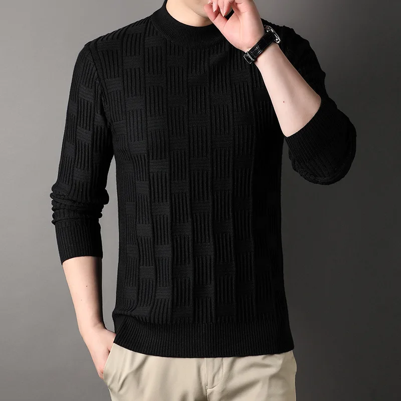 

2023 Autumn New Fashion Slim Fit Round Neck Plaid Sweater for Middle and Young People Casual Knitwear Men's Warm Bottom Knitwear