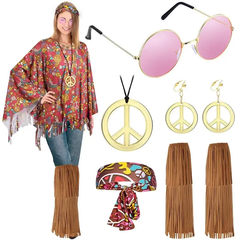 6Pcs/Set Women Hippie Costume Set 60s 70s Costume Outfit Kit Hippie Poncho Peace Sign Necklace Earrings Sunglasses Ankle Socks