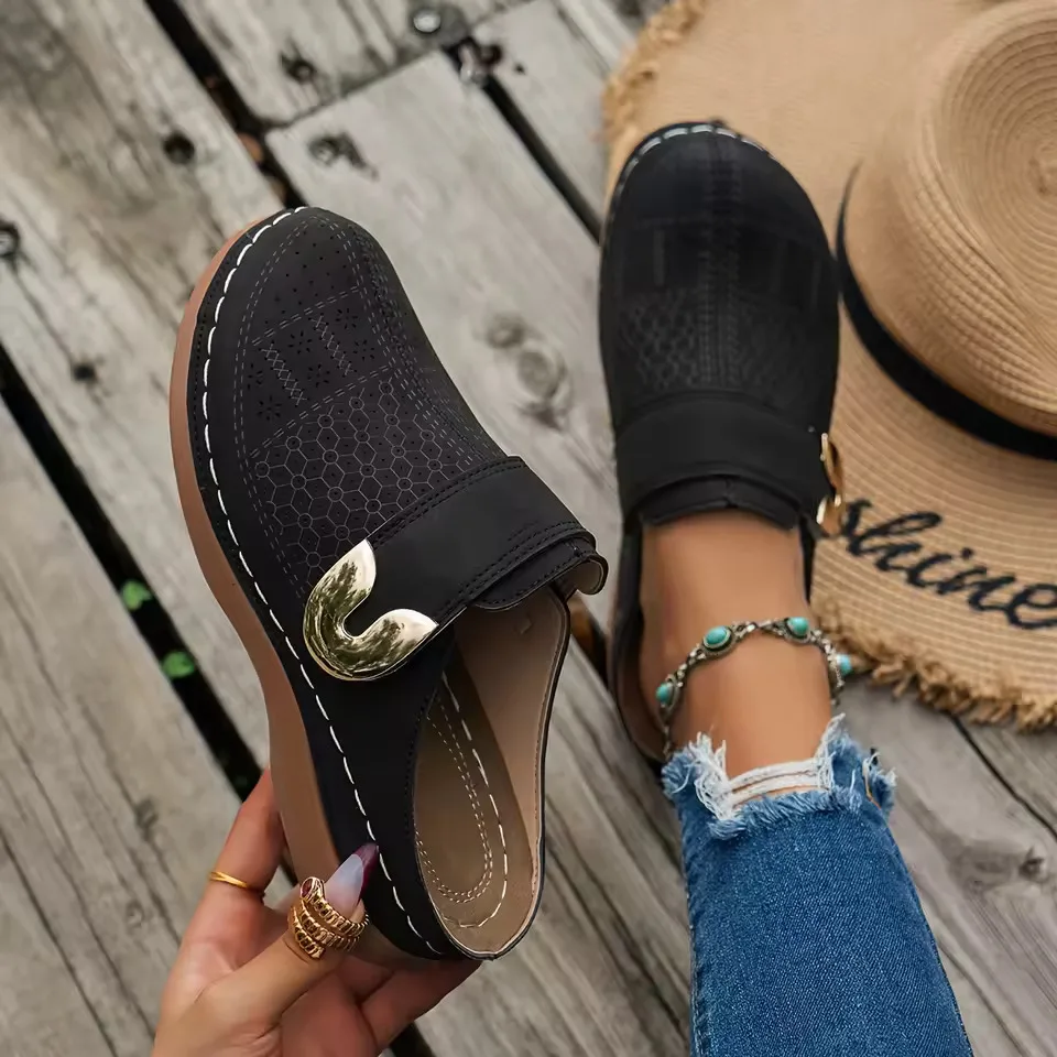 Zapatos cómodos tipo mules para mujer, mocasines planos antideslizantes con diseño hueco, zapatillas informales transpirables con punta cerrada y sin espalda para el trabajo, la oficina y caminar