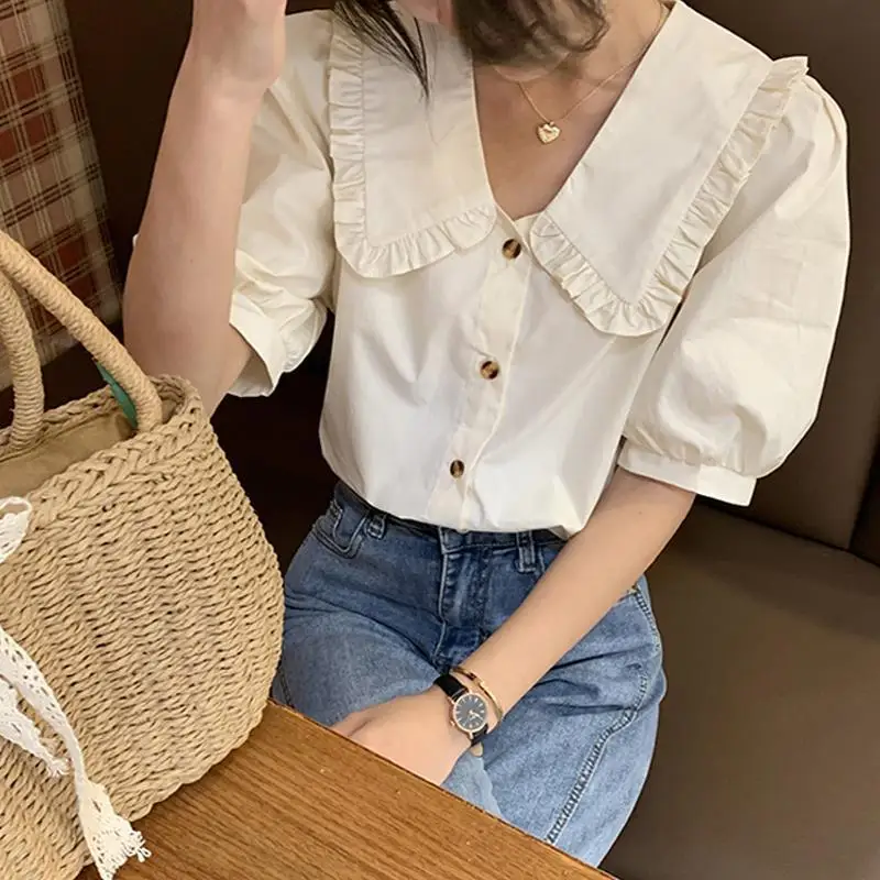 Shirts Women French Sweet Peter Pan Collar Fashion Design Casual Summer New Tender Puff Sleeve Elegant Office Lady Kawaii Cozy