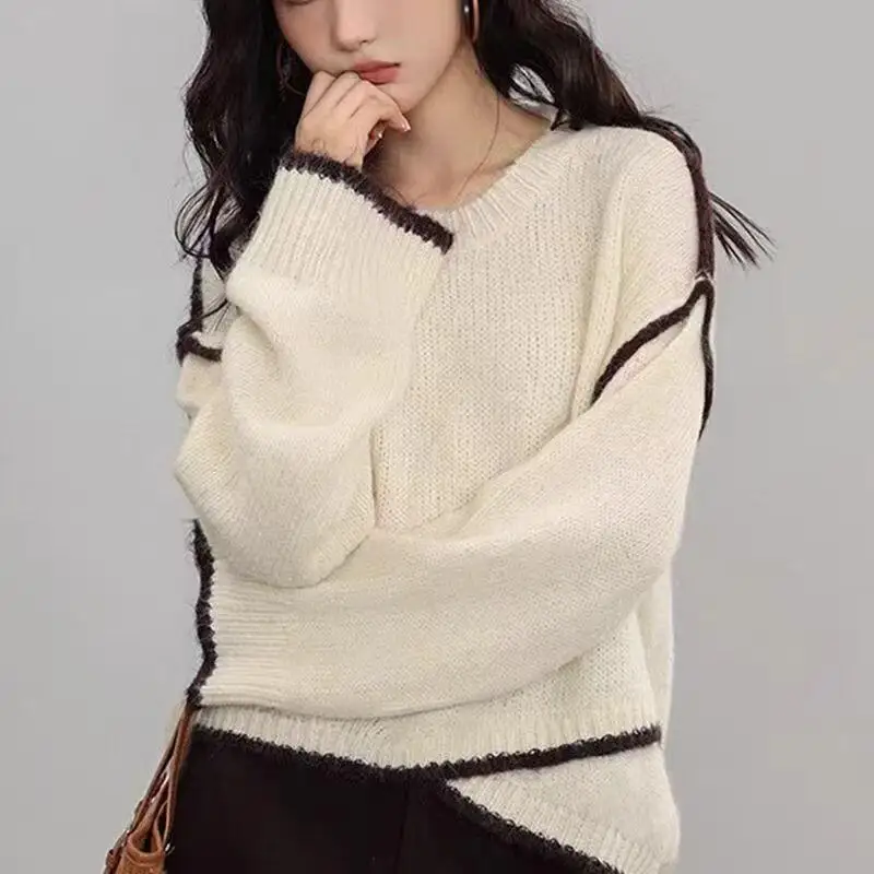 

Женский свитер контрастного цвета, повседневный свитер с круглым вырезом, женский осенне-зимний новый ленивый стиль, универсальный хлопковый свободный трикотаж