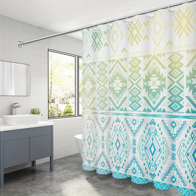 

Занавеска для душа в этническом стиле с геометрическим рисунком — яркий синий, зеленый и бежевый дизайн, полиэстер, дополняет стильную красочную атмосферу для ванны