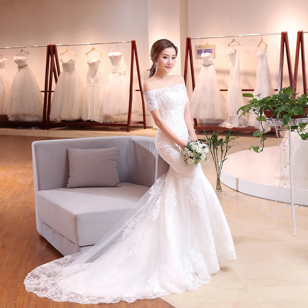 Lace Wedding Dress Boat Neck Appliques Beading Mermaid Bridal Dresses Lace Wedding Gown with Short Sleeves customized