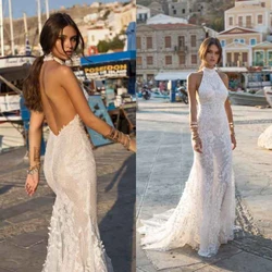 Summer Sheath Gown Wedding Dresses Flowers Lace Bridal Gowns Halter Sleeveless Big Size Vestidos De Novia Custom Size Colour