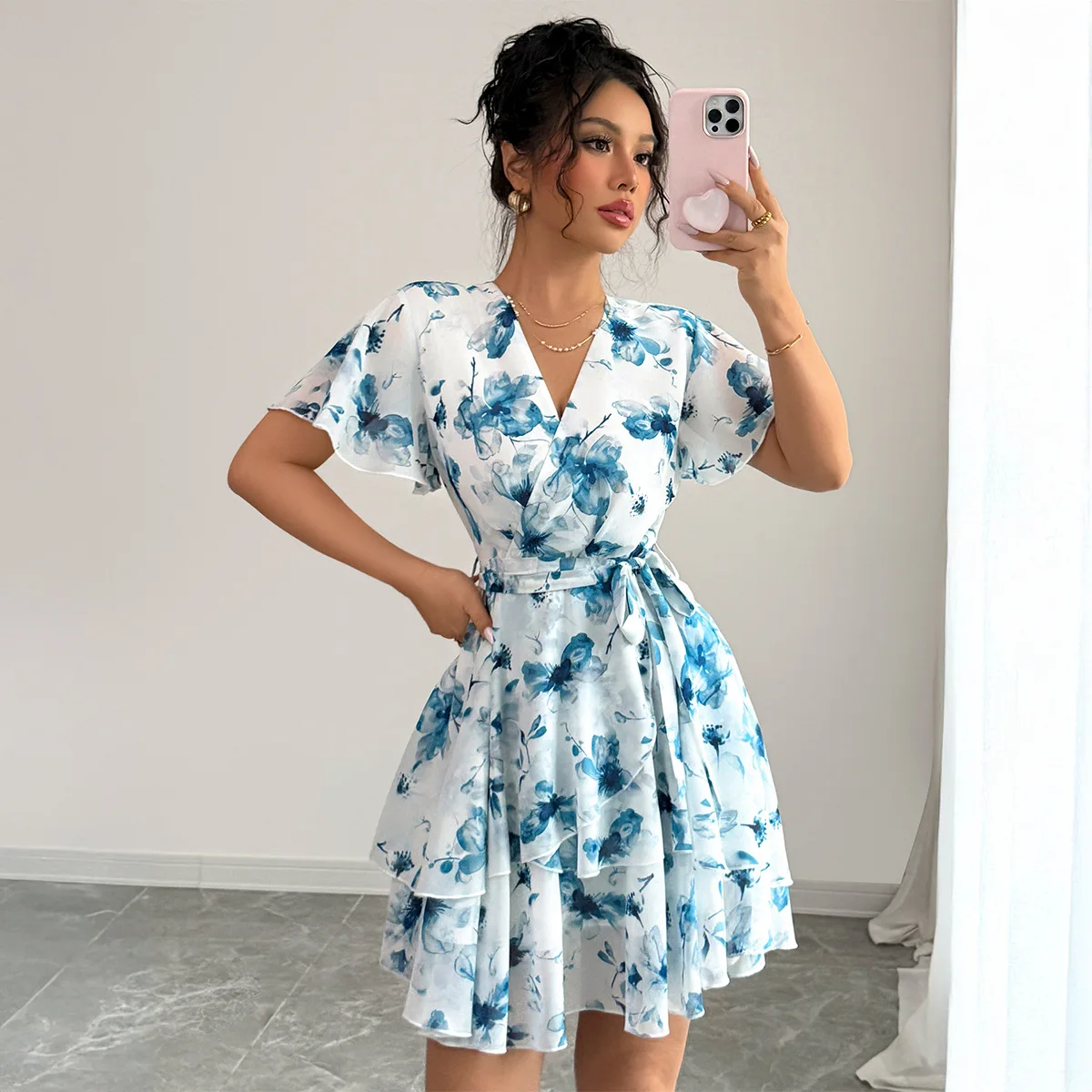 플로럴 프린트 드레스 여성 V넥 반팔 미니 드레스 슬림 하이웨이스트 레이스업 A라인 우아한 베스티도 슬림 파티 나이트 드레스