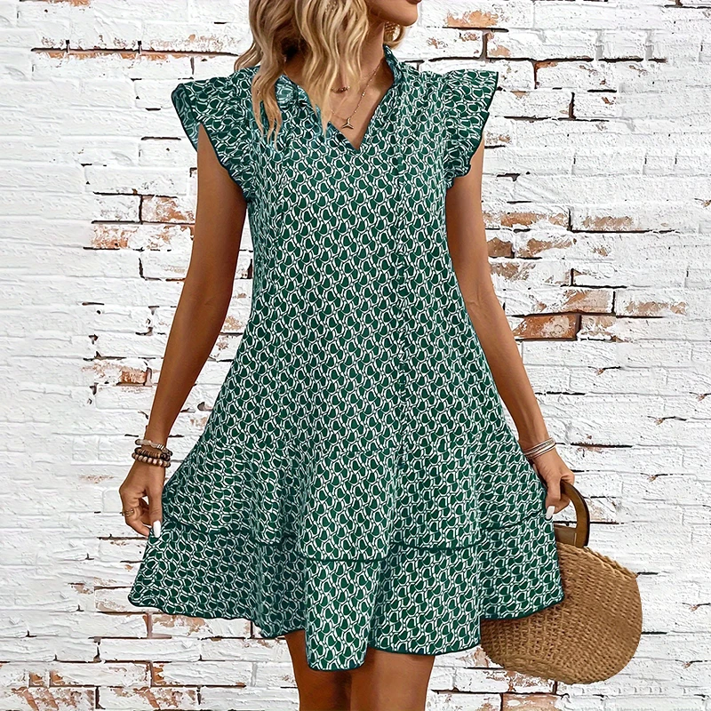 

Dress 2024 No rules print design summer casual slim-fit lotus sleeve fashion women's V-neck dress army green dress standard code