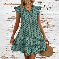 Dress 2024 No rules print design summer casual slim-fit lotus sleeve fashion women's V-neck dress army green dress standard code