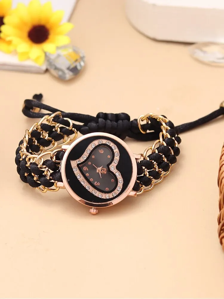 3PCs Women\'s Love Diamond Knitted Bracelet Quartz Watch+Diamond Bracelet Combination Set