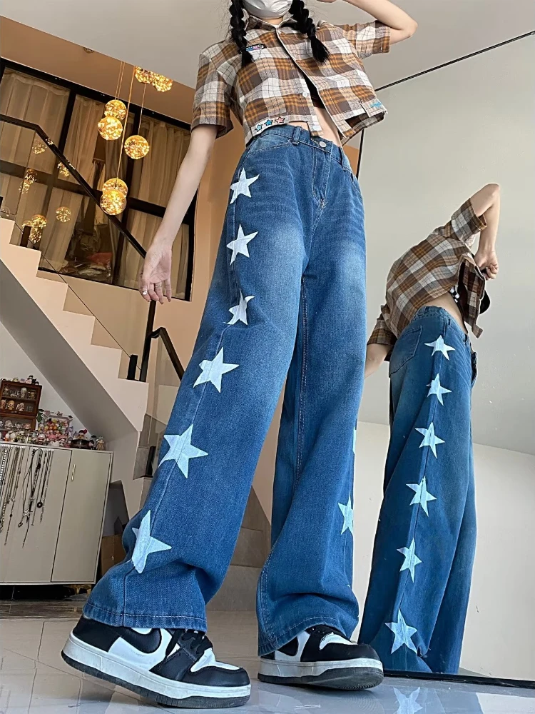 

Американские джинсы в стиле ретро, женские джинсы со звездами, новые осенние универсальные мешковатые простые джинсовые брюки для школьниц с высокой талией, уютные Harajuku