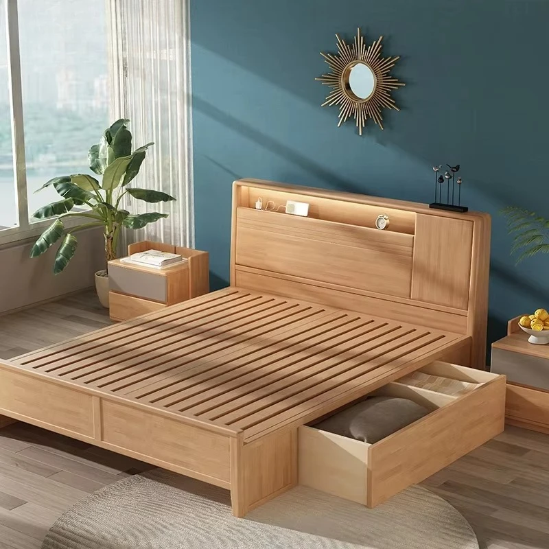 Bedroom Furniture Luxury Hot Sale Solid Wood Frame Beautiful Simple Designs Queen Size Modern Wooden Beds with Storage Box