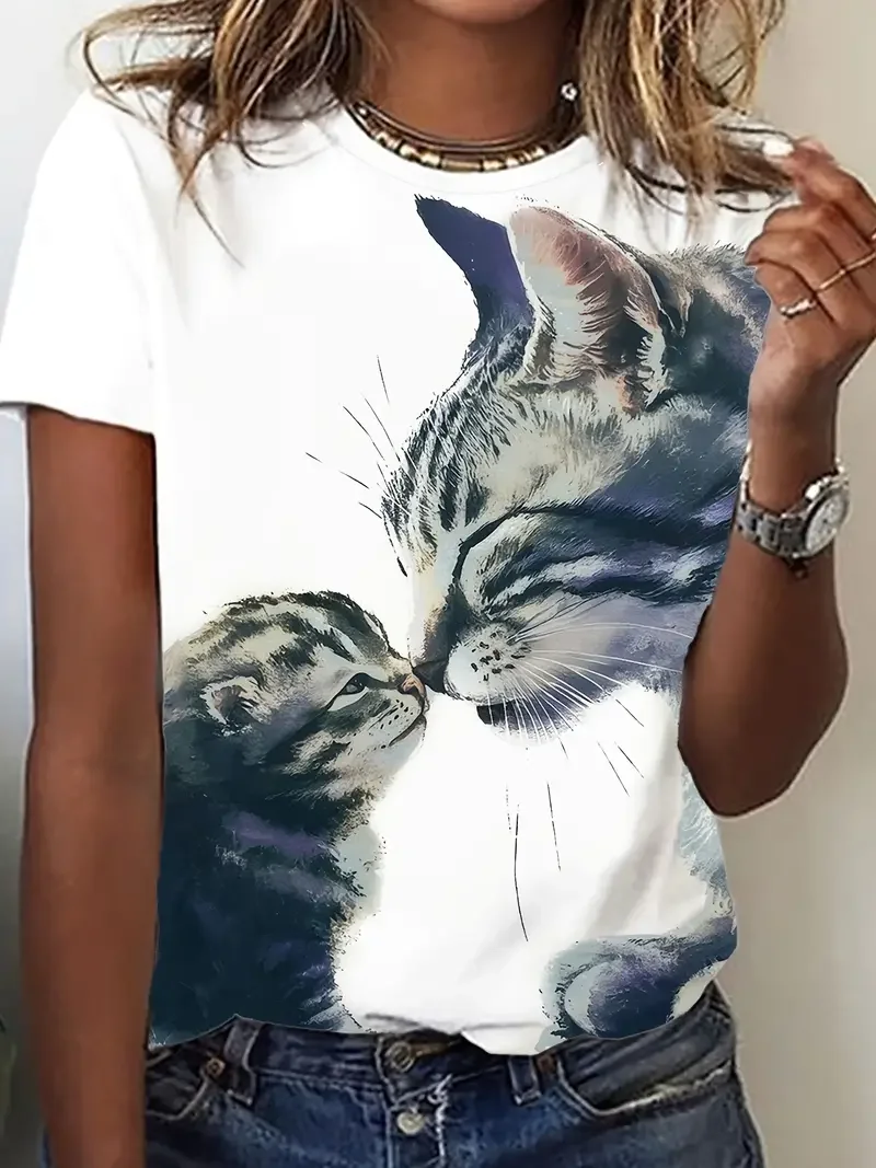 

Women's T Shirt 3d Print Cartoon Cat Casual Fashion Short Sleeved Animal Retro Round Neck Simple T-Shirt Top Tee Summer