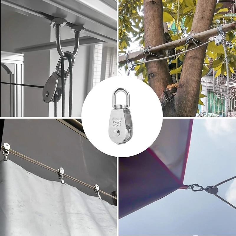 TFORU-6 Pack M25 Lifting Single Pulley Roller,304 Stainless Steel Single Wheel Swivel Lifting Rope Pulley Block For Wire Rope