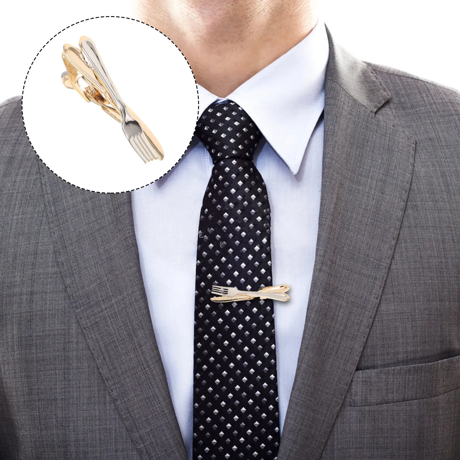 3Pcs Mens Tie Clip Set Copper 1.97 Inch Fork Knife Design Necktie Clips Wedding Business Formal Suit Holder Groom Accessories
