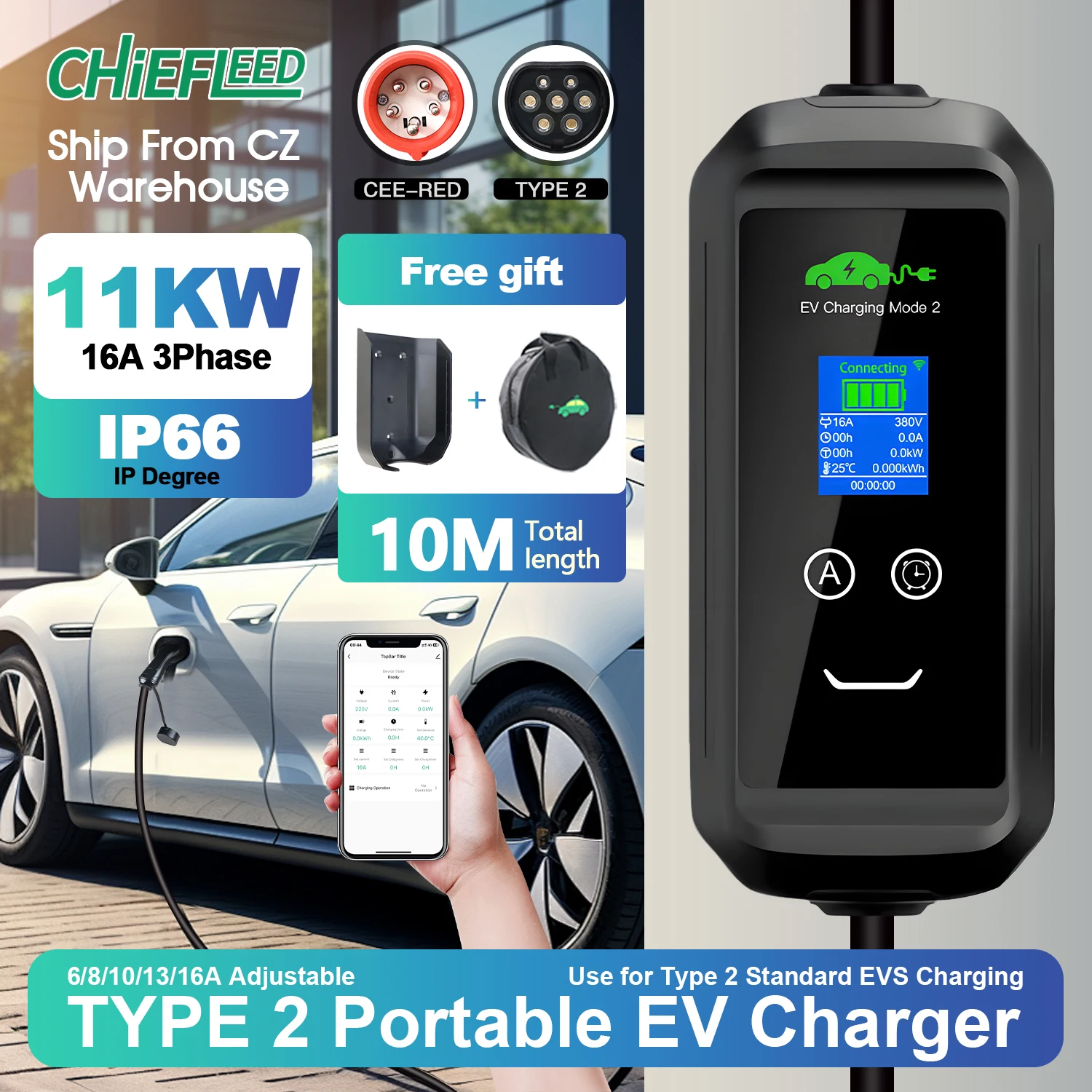 Chiefleed Tragbares EV-Ladegerät Einstellbar 6/8/10/13/16A 11KW 3P Spannung 380-450V Typ 2 Lade-Wallbox Zeitverzögerung 1-15 Stunden Tuya App Elektrofahrzeug-Ladestation Gesamtlänge 10M Inklusive