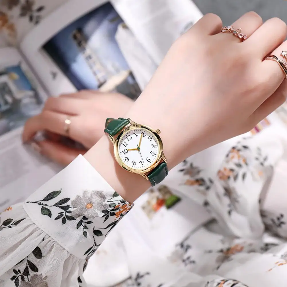 Minimalist Women Quartz Watch Ladies Faux Leather Band Watch Large Arabic Numerals Analog Wristwatch for Daily Large Number Dial