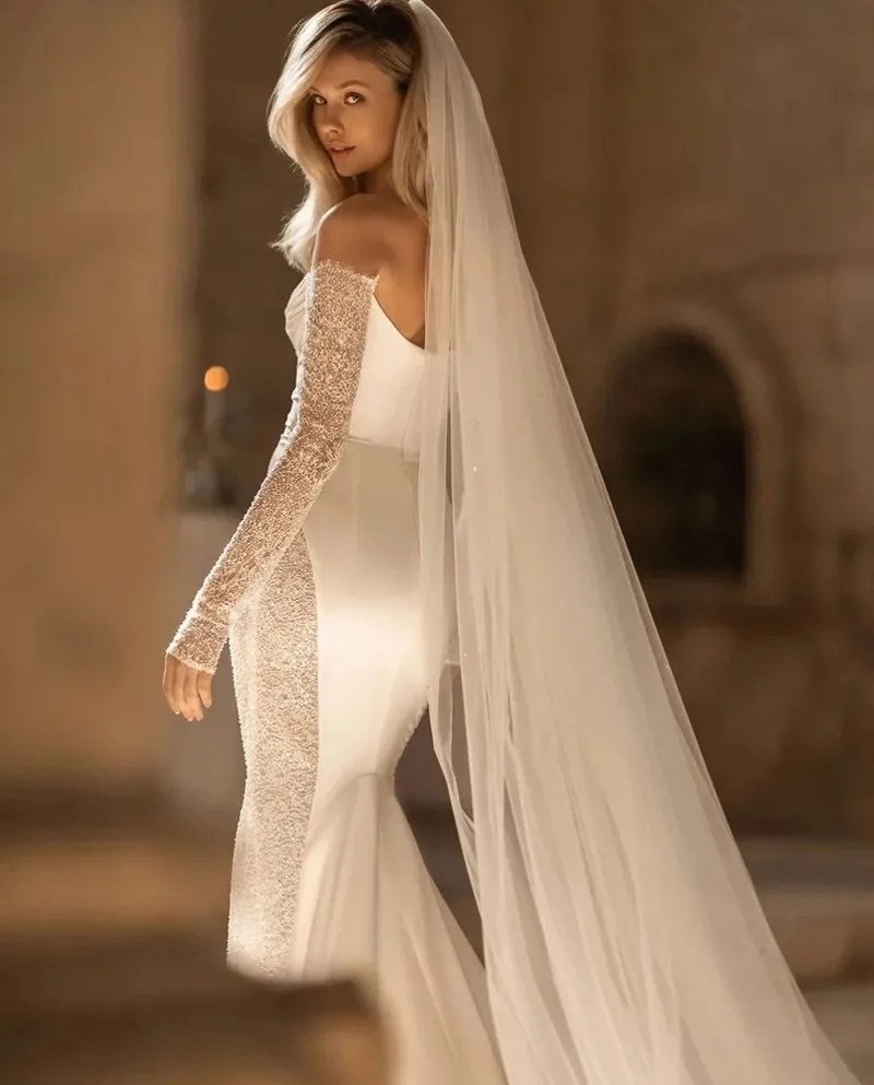 2025 vestido De novia De encaje De sirena mangas largas sin hombros Vestidos De novia brillantes sin espalda Vestidos De novia personalizados