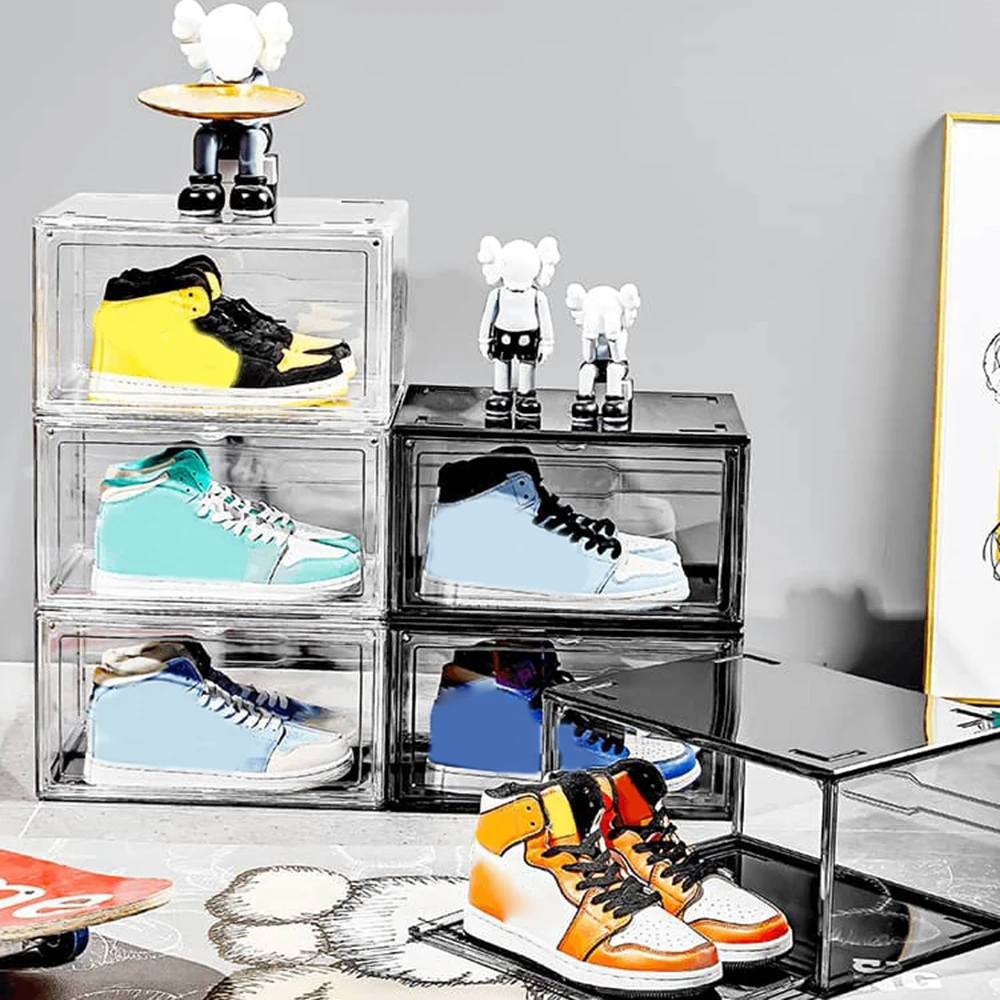 Caja de zapatos acrílica totalmente transparente, caja de exhibición de almacenamiento de zapatos Aj abierta lateral, tipo cajonera magnética, armario de zapatos plegable de plástico