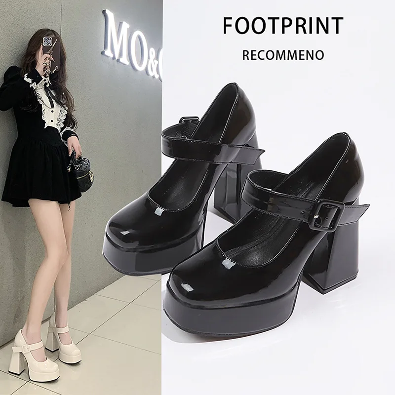 12 سنتيمتر الترا عالية الكعب ماري جين مضخات للنساء صندل بكعب مكتنز النمط الفرنسي براءات الاختراع والجلود فستان أحذية مع حزام الكاحل