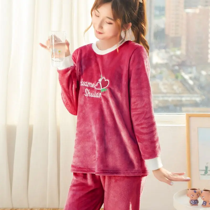 

Зимние толстые теплые фланелевые пижамные комплекты с длинными рукавами для женщин, корейские милые бархатные пижамы кораллового цвета, Mujer, домашняя одежда, одежда