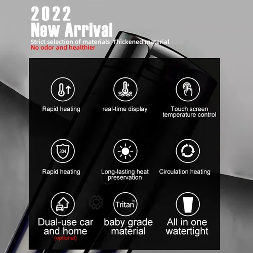 Imagen 2 del producto Taza calefactora para coche de 12V y 24V, hervidor eléctrico de acero inoxidable, Control inteligente de temperatura, pantalla LCD táctil, calentador de tazas de café de viaje