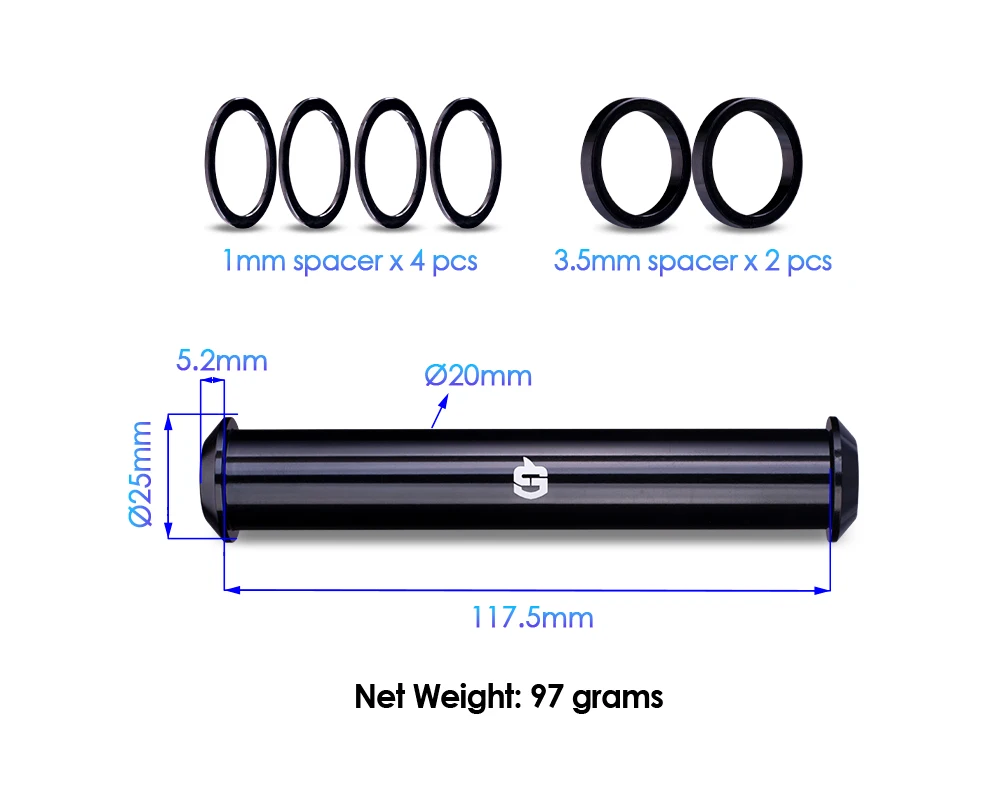 Gateshark Narwhal 20mm Steckachse Vorne 7075 Eloxiert Schwarz Rot Lila Orange Grün Blau für Racing BMX 117,5mm Innendurchmesser – Detail 1