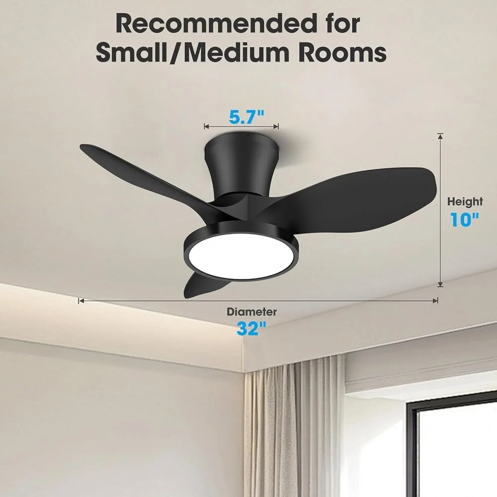 Quiet Ceiling Fan with LED Light Remote Control 32 Inch DC Motor Timed Settings Reversible Airflow Kitchen Bedroom Living Room