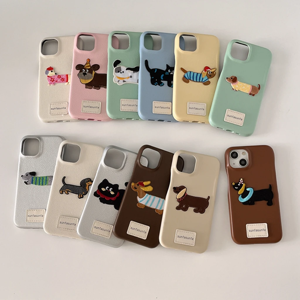 Simplicity Solid Color Leather Fabric Embroidery Puppy Dog Series Phone Cover Case For iPhone 16 15 14 13 12 Pro Max