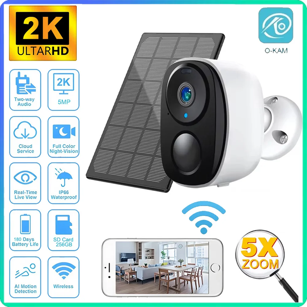 2K 5MP Wireless Sloar Battery IP Camera Outdoor Security WiFi Camera 5000mAh Battery Night Vision Camcorder 5X Video Recorder