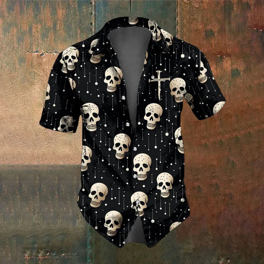 Summer Fashion Skull Cross Pattern Horror Men\'s Short Sleeved Printed Shirt Street Trend Party Men\'s Oversized Top SIZE S-5XL