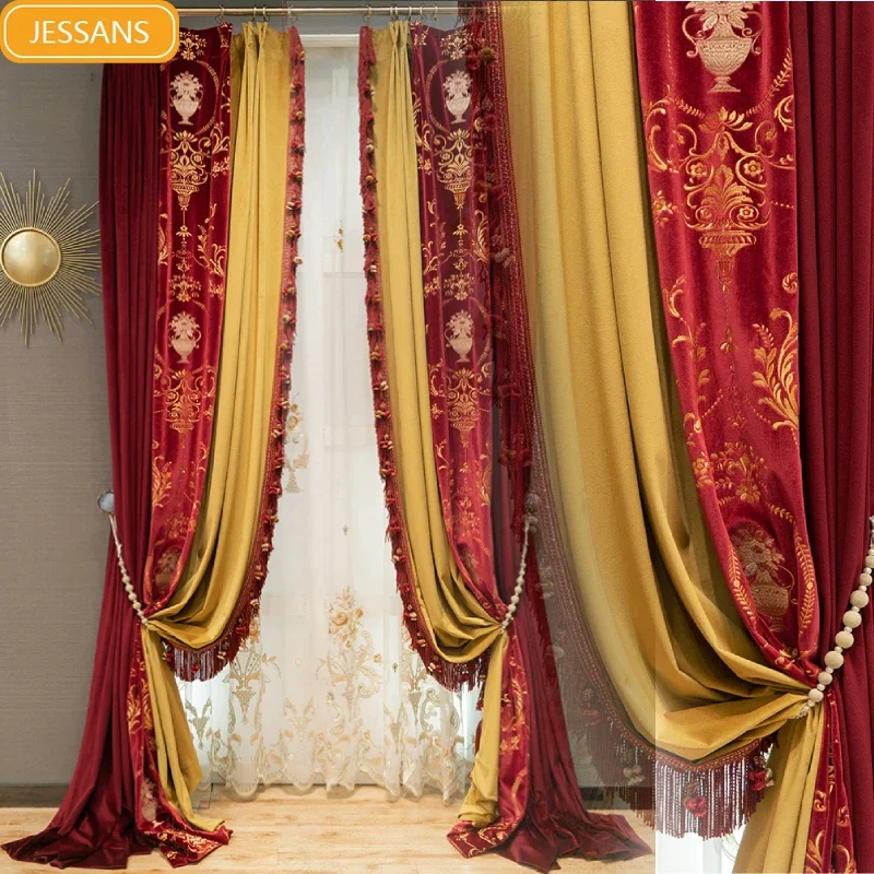 

Royal High-end Red Gilded Embroidered Flannelette Patched Curtains for Living Room Bedroom French Window Villa Window Screen