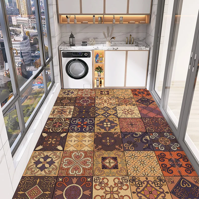 Kitchen Pvc Mat Waterproof Oil-proof Leather Carpet Washable Floor Mats Vintage Tile Print Rug Large Size Non-slip Area Rugs